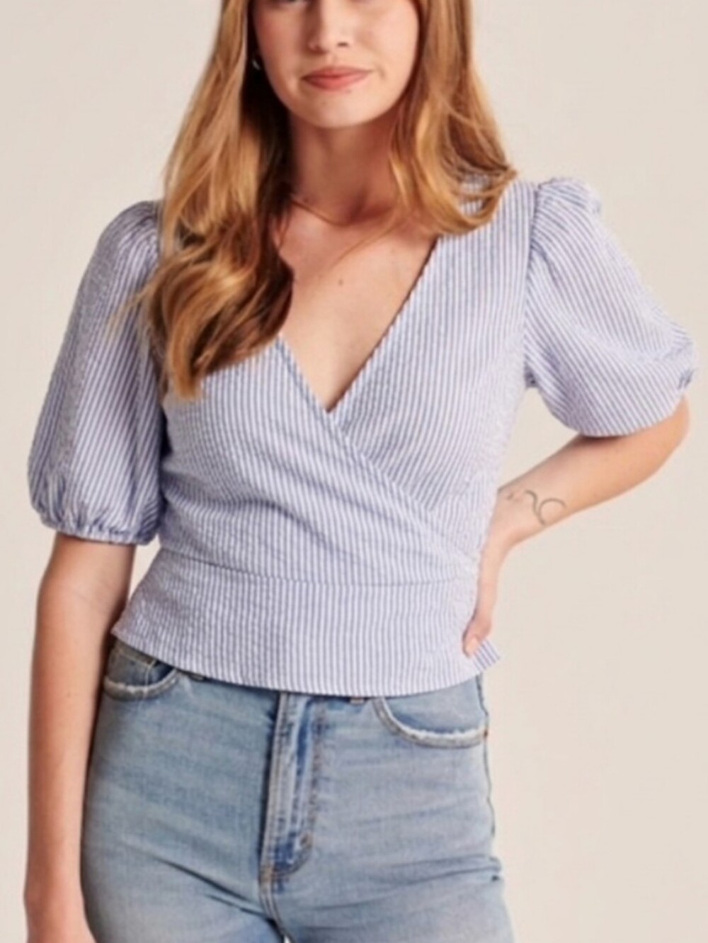 A&F Nautical Blue & White Stripe Crop Wrap Top w/ Tie Back, Size Small